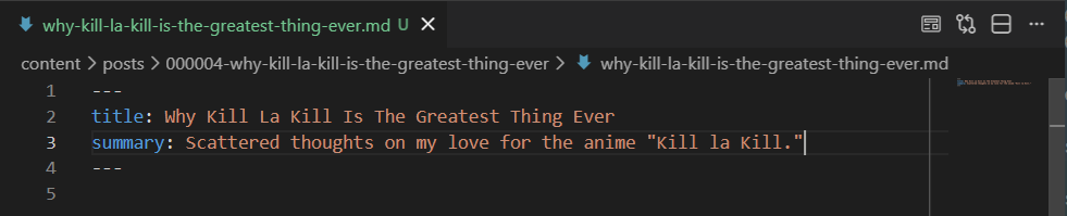 The markdown file shown previously, but now containing the additional text ‘summary: Scattered thoughts on my love for the anime “Kill la Kill”.’